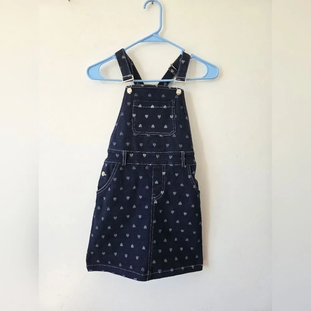 Girls Size 9/10 Blue Denim Heart Overall Dress Pinafore Buckle Adjustable School
